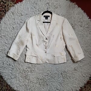 Vintage Y2K Cream & Gold Floral Jacquard Blazer Jacket Sz 14 Holidays Christmas